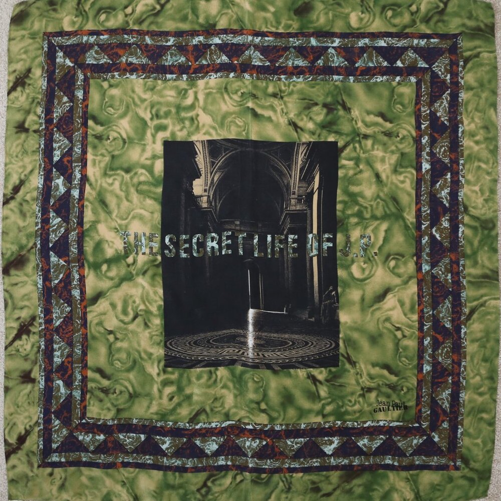 Rare Jean Paul GAULTIER "The Secret Life Of J.P." luxury designer silk scarf vtg